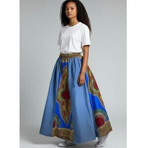 Handmade Dashiki & Denim Paneled Maxi Skirt - OS